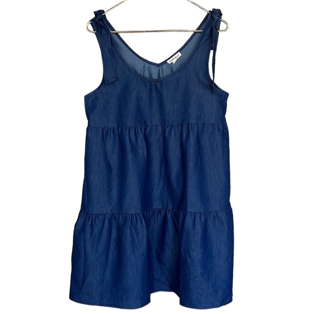 Derek Heart Chambray Denim Shoulder Tie Detail Tiered Skirt Sleeveless Dress